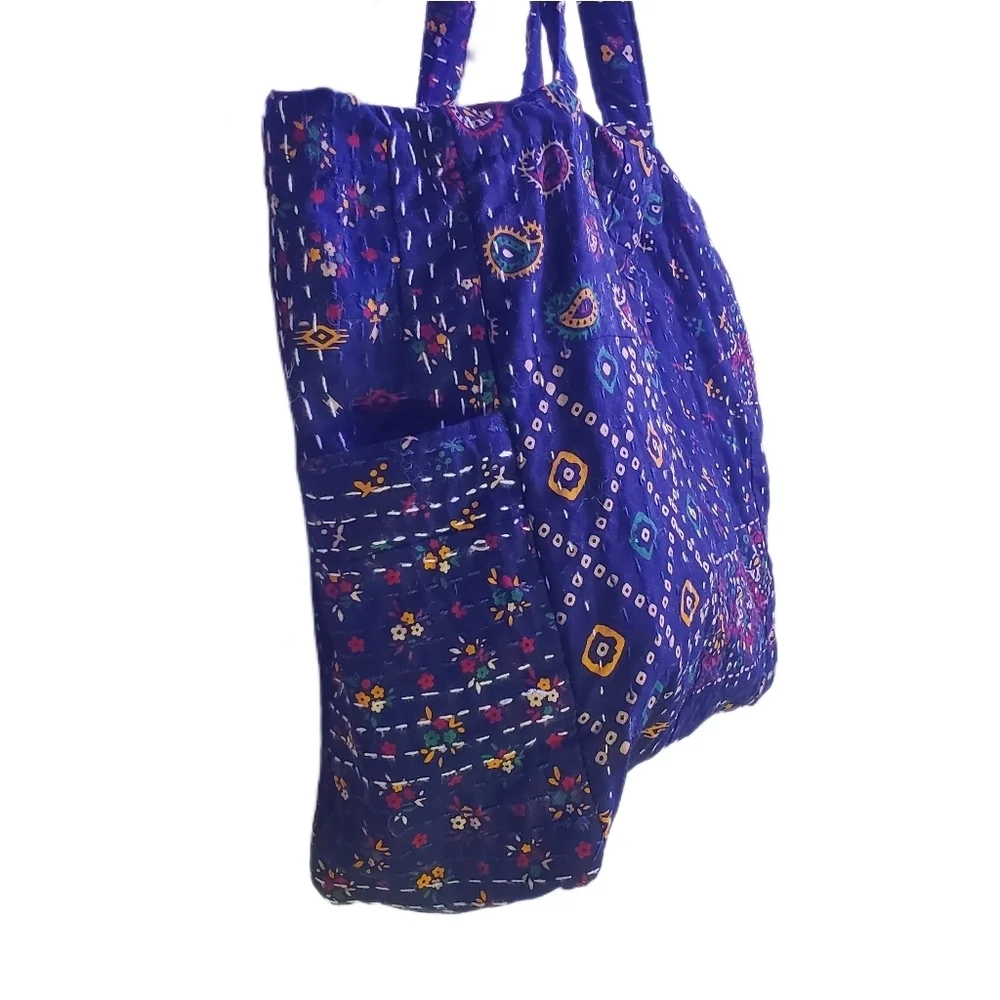 WORLD MARKET Kantha Stitch Tote Bag Multi-color Upcycled Double Straps Bag NWT - Picture 2 of 9
